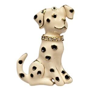 Dalmatian Dog White Enamel Brooch Pin with Rhinestone Collar